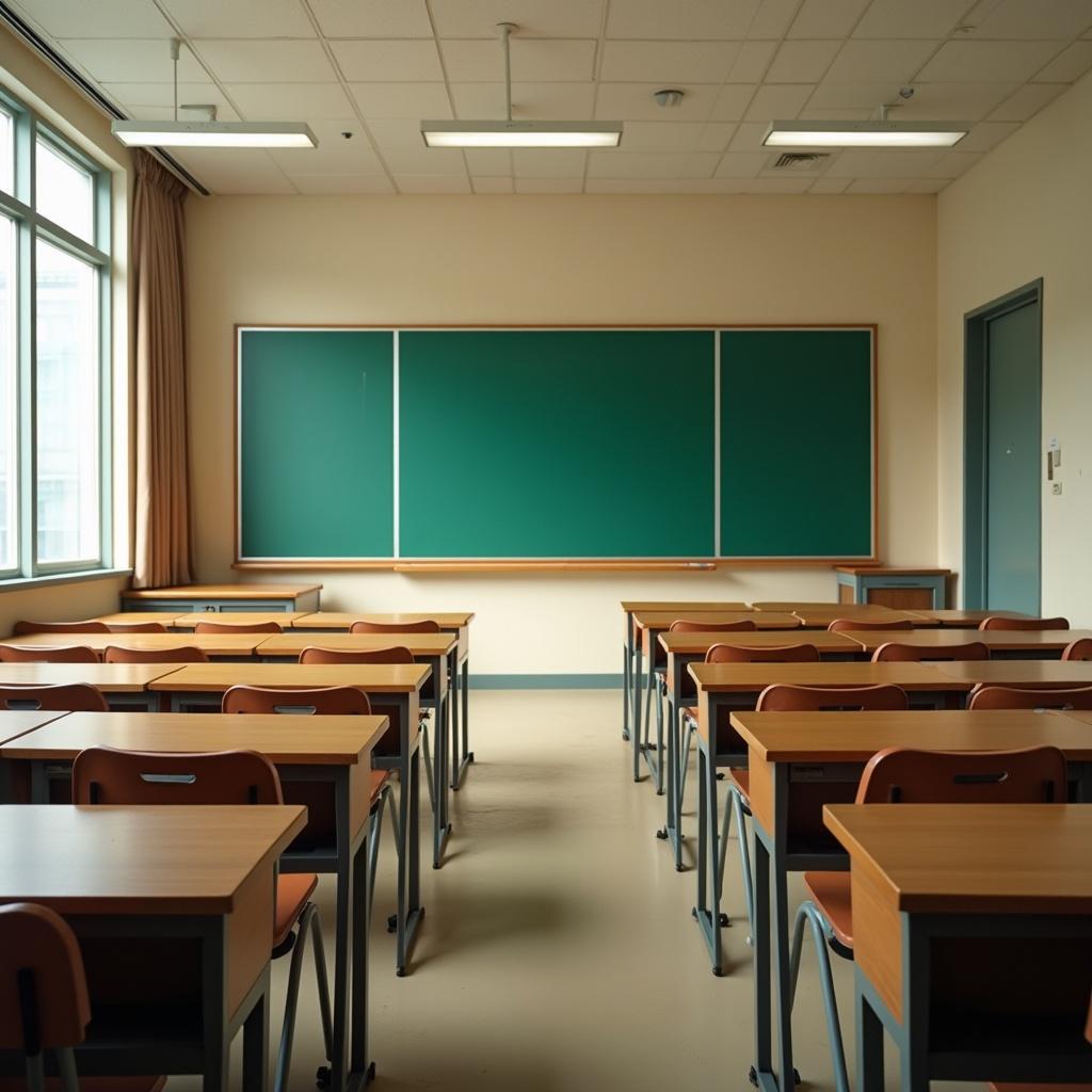 This image depicts an empty classroom with a spacious, organized layout. There are several rows of neatly arranged desks made of light wood and metal. Directly ahead is a large green chalkboard that dominates the front wall. The classroom is well-lit, with natural light pouring in from a window on the left side. The walls are a soft beige color, creating a warm atmosphere conducive to learning. Overall, the space looks clean and inviting, perfect for educational activities.