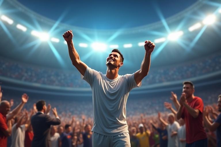 Scene of a joyful soccer player celebrating victory. Bright stadium lights beam from above. Enthusiastic crowd applauding in excitement. Image captures thrill and joy of sports. Ultra HD quality image.