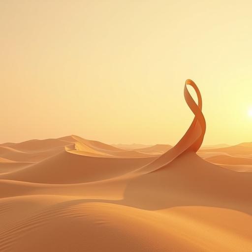 A minimal desert landscape features a single curved wind tower. Soft shadows and flowing sand trails are present. The light is during golden hour creating a warm glow. The textures appear smooth and elegant, conveying a sense of symbolism, in HiDream style.