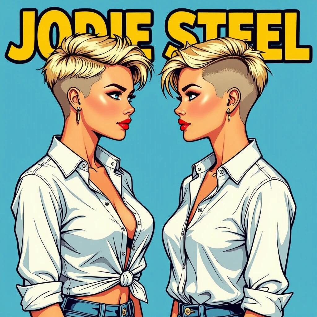 Comic-style image depicting two blonde girls facing each other. One girl has stylish crew cut and wears a knotted white shirt and denim shorts. The other girl has long flowing hair and wears an off-the-shoulder shirt. Bright blue background highlights their confident stances. Emphasizes modern fashion and youthful energy.
