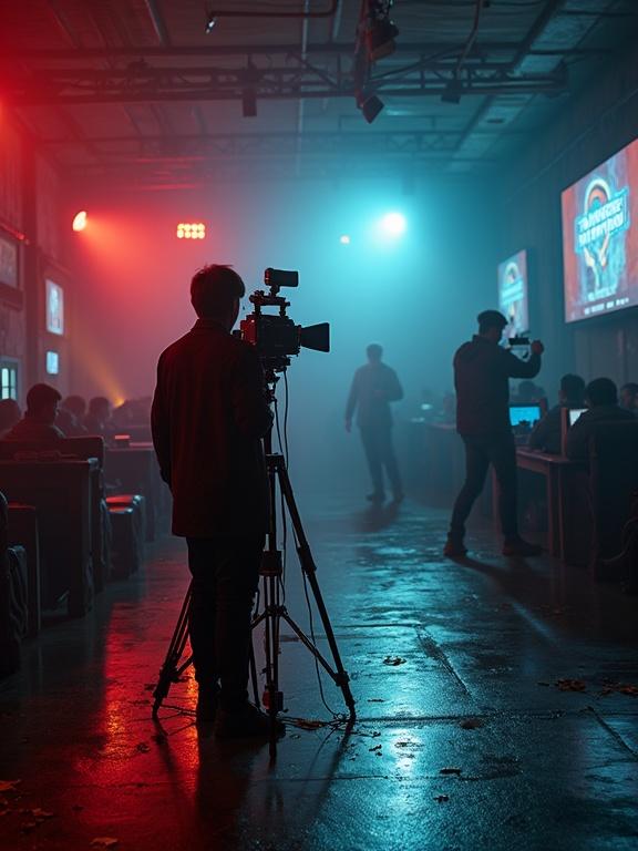 Silhouette of a cameraman in a film setting. Movie production scene. Dramatic lighting with people in the background. Scene depicting audiovisual work.