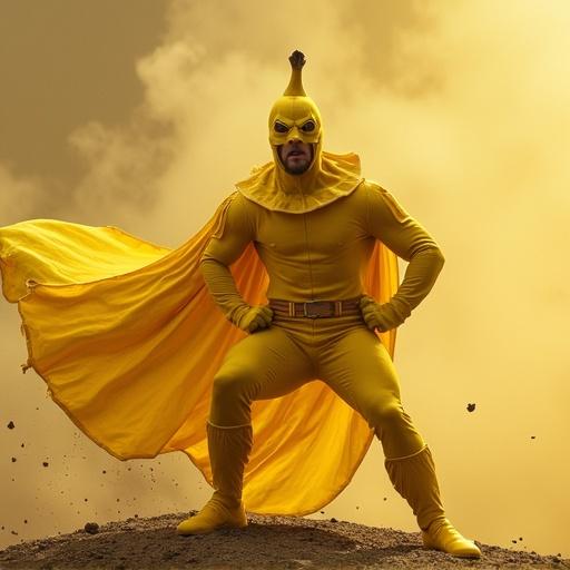 Superhero character dressed in a banana-themed costume. Bright yellow outfit with a banana headpiece. Standing heroically on rocky terrain with cape flowing. Dramatic cloudy background highlights the character's unique design.