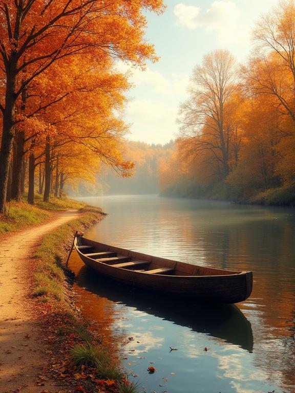 Serene autumn scene features small wooden rowboat on calm river surrounded by vibrant fall foliage. Narrow elongated boat in dark brown color appears slightly weathered. Positioned near riverbank gently floating on water. River bordered by winding dirt path scattered with fallen leaves. Landscape dominated by trees with brilliant orange red yellow leaves creating warm canopy. Trees tall arch over river reflecting in slightly rippled water. Soft pale blue sky with hints of white clouds and warm sunlight enhances tranquil atmosphere.