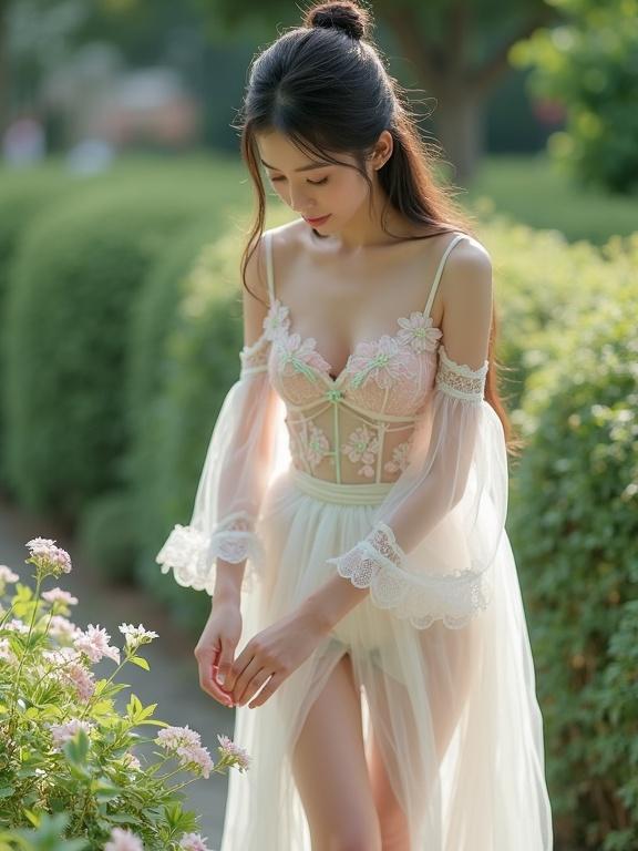 A young Chinese lady is in a pastel-colored, transparent outfit. She is bending down to pick up a flower in a garden. The outfit has delicate lace in pastel shades. She showcases a sweetheart neckline. A full white undergarment adds a vintage flair. Long hair is tied up. She wears pale stockings and garter belts. The scene has soft natural light. The garden features lush greenery with bushes and trees.