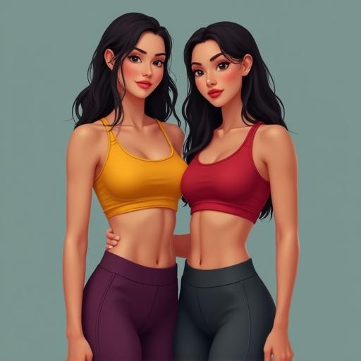 Two young women standing together. One is wearing a mustard sports bra and purple joggers. The second is in a scarlet tube top and charcoal yoga pants. Both are stylish and fit.