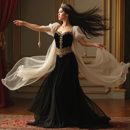 Medieval fantasy queen depicted with flowing dark hair in motion. Woman dresses in elegant dark velvet and gold embroidered bodice. She throws a soft white pillow with a powerful motion. Environment features luxurious bedroom with gold accents and velvet drapes. Dynamic pose with intense focus in eyes.