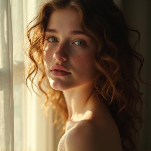 A young woman poses in a dreamy portrait. She has curly hair and freckled skin. Sunlight filters through sheer curtains, creating a soft, hazy background. The girl has a shy expression, evoking warmth and intimacy. The overall style is reminiscent of classic artistic photography.
