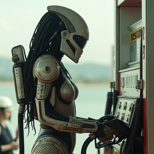 A female Xenomorph character with a mechanical appearance fills her super bike with gas at a pump. Features include digital visor numbers and a mechanical ponytail. The scene has a cinematic look, captured with a telephoto lens.