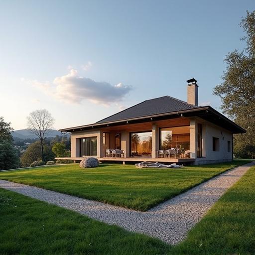 Showcase of a modern villa with a spacious lawn, surrounded by trees and mountains under a clear sky.