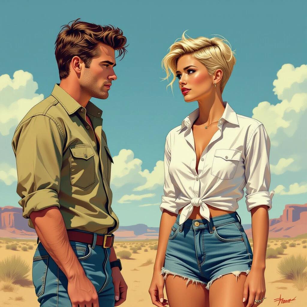 Comic-strip style illustration featuring two characters in a desert setting. A confident 20-year-old woman stands facing a male character. She wears a knotted white shirt and ripped denim shorts. Her hair has a punk style shorter on one side.