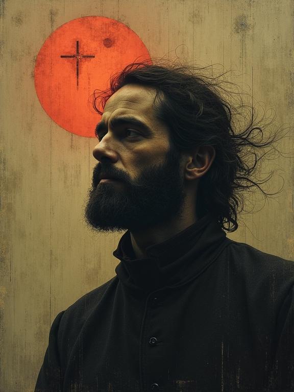 Vision of Judas depicting calmness and confidence. Dark style. Surrealist elements. Features symbols and abstract forms. Inspired by apocryphal text. Influenced by Zbigniew Beksiński's works.