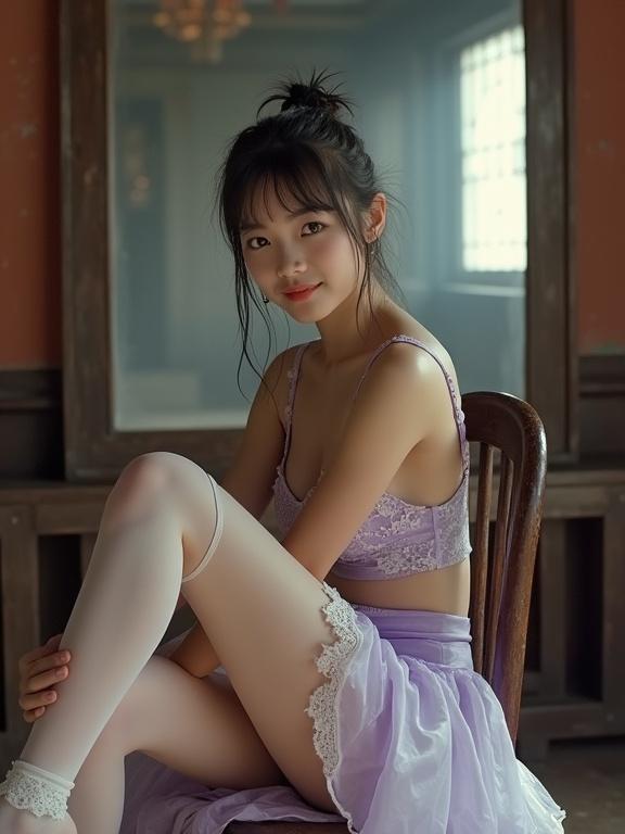 Photo of petite short girl sitting on a chair in feudal china imperial hall. She wears purple and white mini skirt, light purple foam bra, sheer stockings. Hair tied back. She looks at the camera with a soft smile. Flash photography with slight overexposure. Lens dust and film grain visible. Nostalgic early-2000s vibe.