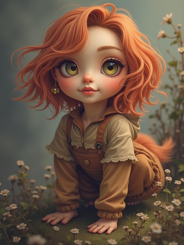 A playful child character with wavy hair, dressed in a cozy outfit and seated in a meadow filled with flowers. The background has a soft focus, creating a dreamy atmosphere.