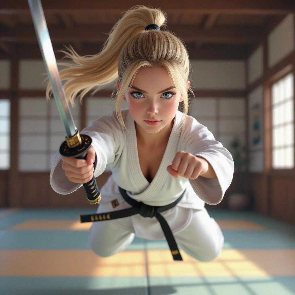 A confident blonde girl with blue eyes in a ponytail floats in a dojo while holding a katana aimed at the viewer.