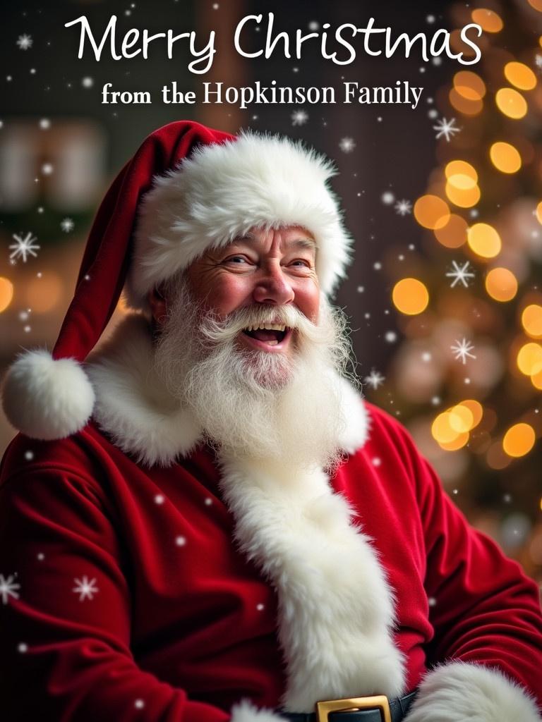 Santa Claus shown with joyful expression in red suit. Background features glowing lights and snowflakes. Text displays 'Merry Christmas from the Hopkinson Family'. Scene captures warmth and festive cheer.