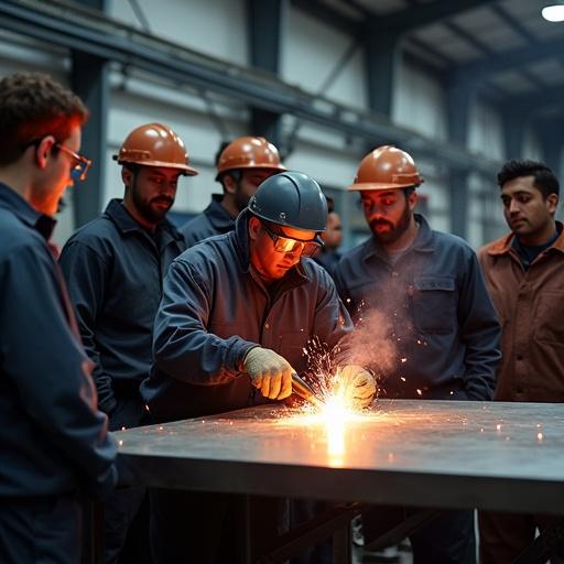 A group of adult students in safety uniforms gathers around a metal workbench in a metalworking shop. An instructor performs arc welding as students watch. Bright sparks from the welding are visible. All students wear protective gear including welding goggles, gloves, and aprons. The workshop is equipped with metalworking tools and bright overhead lights. Students form a semi-circle around the instructor, who actively manipulates the weld. Documentary-style photograph with natural light and sharp focus on the subjects in an indoor institutional setting.