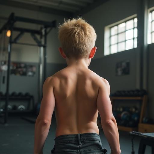 A 10 year old blond boy bodybuilder facing away from the camera. Full body shot in a gym environment.