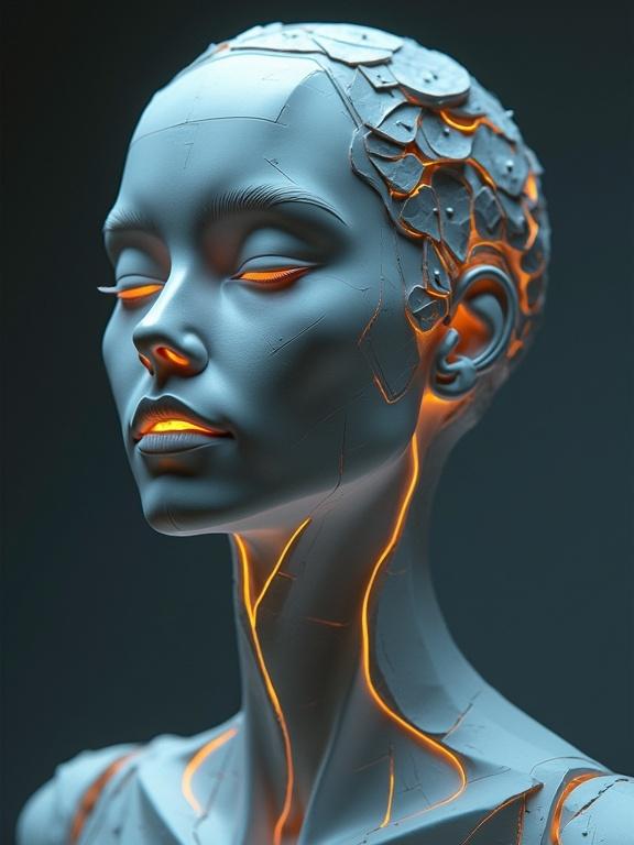 Sculpture of a female humanoid robot with titanium body. Features elegant curves made of paper. Nighttime scene with dramatic lighting and soft focus effect.