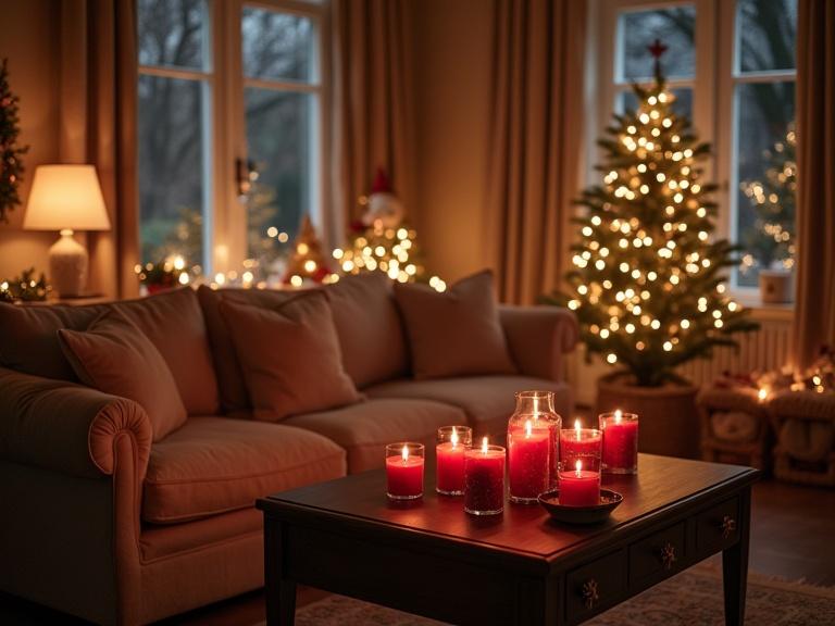 A cozy apartment living room at night. The room has a soft checkered beige theme. Only one couch is present. The lighting is soft and warm. Romantic atmosphere created by many red candles on the coffee table. Christmas tree and decorations bring festive cheer to the room.