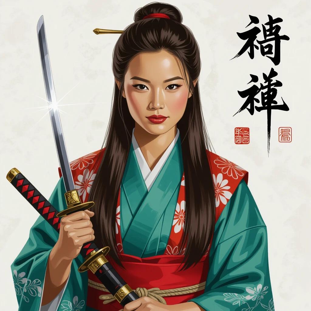Portrait featuring a strong female character styled as a samurai. She holds a katana with confidence. The dress reflects traditional Japanese elements.