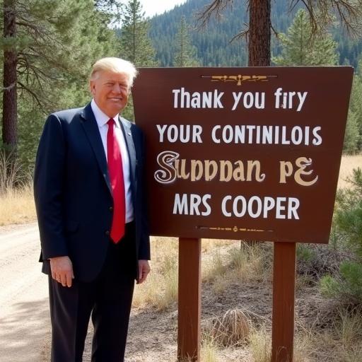 Donald Trump stands beside a sign thanking Mr. and Mrs. Cooper for their support. The setting is in Los Padres forest. The sign displays a message of gratitude and appreciation. The image captures a moment in a natural landscape with a political figure.