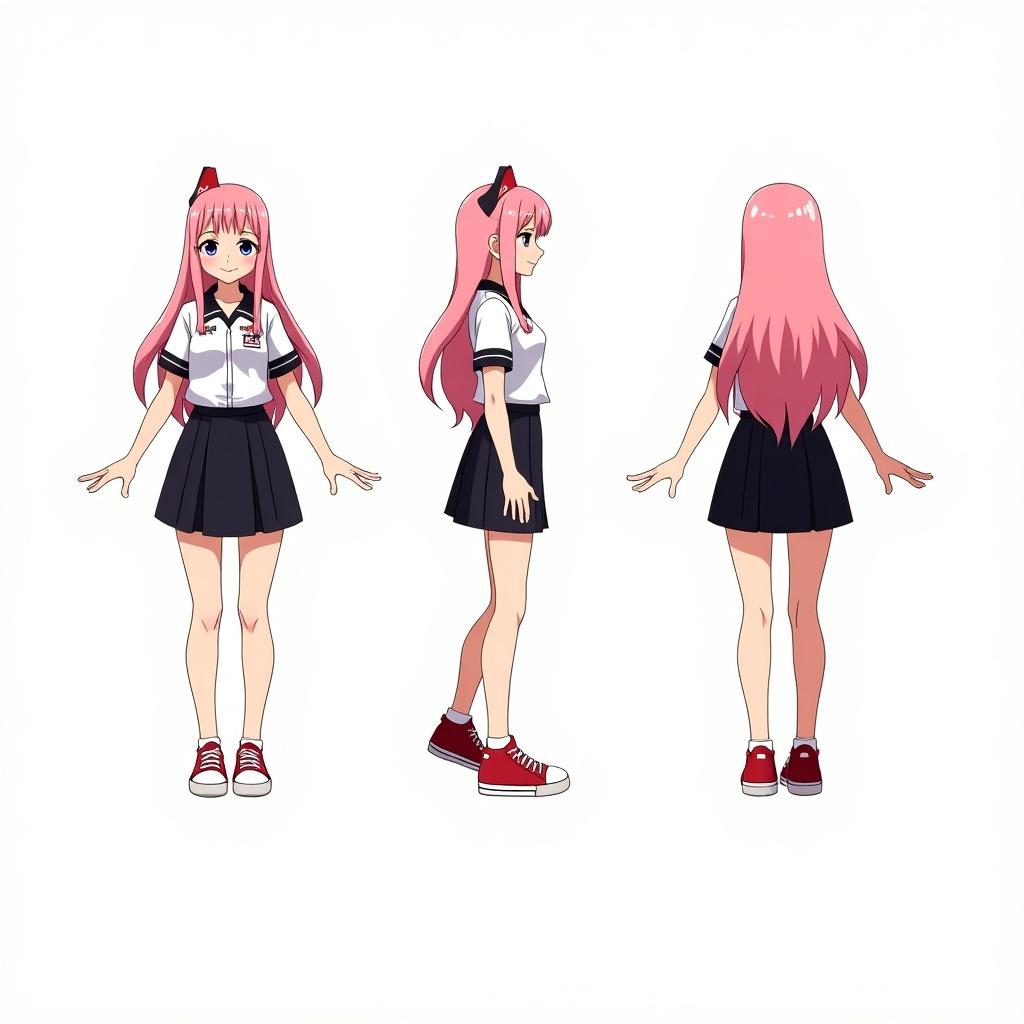 Anime-style character sheet with three views. Character has long pink hair. Dressed in EMT uniform and black skirt. Wearing red sneakers. Design emphasizes friendliness and approachability. Suitable for anime, manga, or video games.