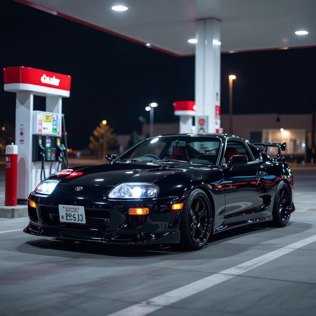 Image of a black Toyota MK3 Supra at a gas station. Vehicle highlighted under bright lights. Showcase the car's sleek design and aesthetic appeal.