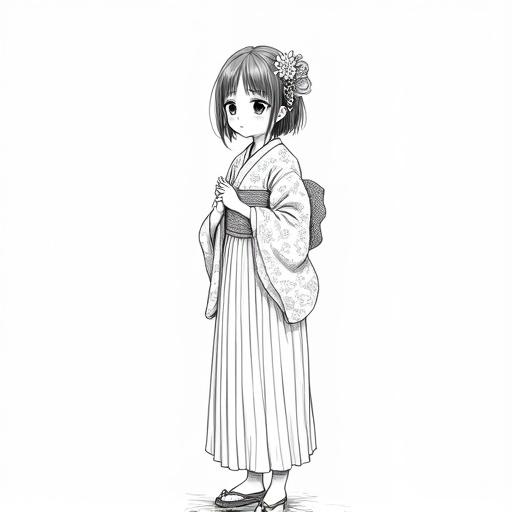 Delicate black and white line art illustration of a young Japanese girl in traditional attire. She wears a patterned kimono with floral motifs over a pleated hakama. Hair styled with a neat fringe and adorned with kanzashi. Stands in three-quarter profile, hands clasped, with a soft expression. Wearing traditional sandals. Clean lines and detailed patterns against a plain background. Full body illustration.