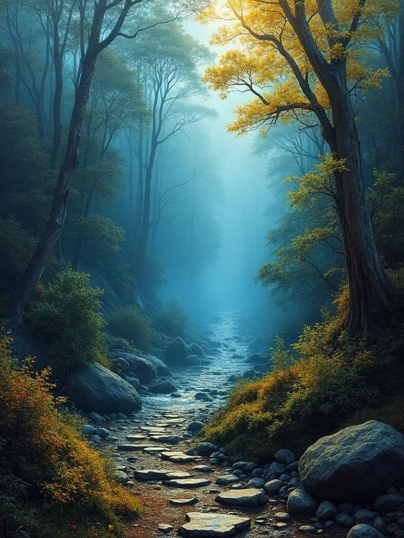 A winding forest path surrounded by rocks and trees. The path leads to a waterfall that flows into a stream. Mist covers the background creating an enchanting atmosphere. Soft light indicates the end of day. A sense of darkness and danger lingers.