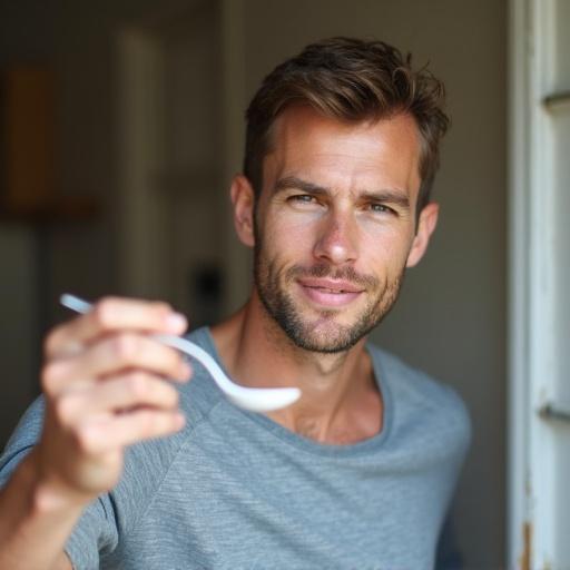 Image features a Caucasian man with an average build holding a smartphone in one hand and a spoon in the other. The setting is a modern kitchen with a relaxed atmosphere. The man's posture suggests a casual mood, emphasizing his enjoyment of cooking or food. Bright natural light filters into the room, enhancing the inviting ambiance.