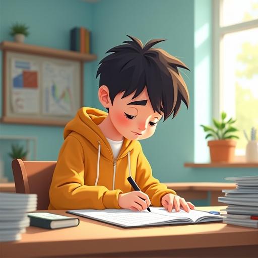 Cartoon style image of a student boy writing calculations in a bright classroom with a friendly atmosphere