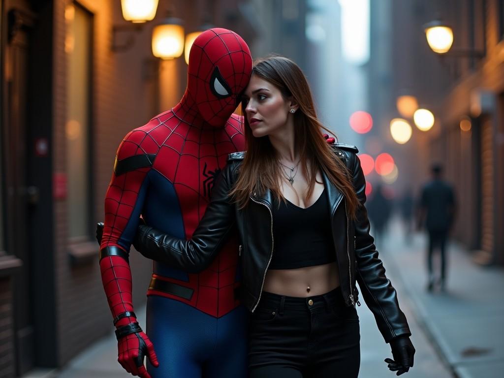 A scene featuring Spider-Man in his iconic red and blue suit in an embrace with a beautiful female character. She has straight, long hair and is wearing a striking black leather jacket over a black t-shirt. They are depicted walking through a dimly lit alley in Manhattan at night. The atmosphere combines elements of romance and action, showing both characters in an intimate moment amidst the urban backdrop. The city lights create a dramatic ambiance around them.