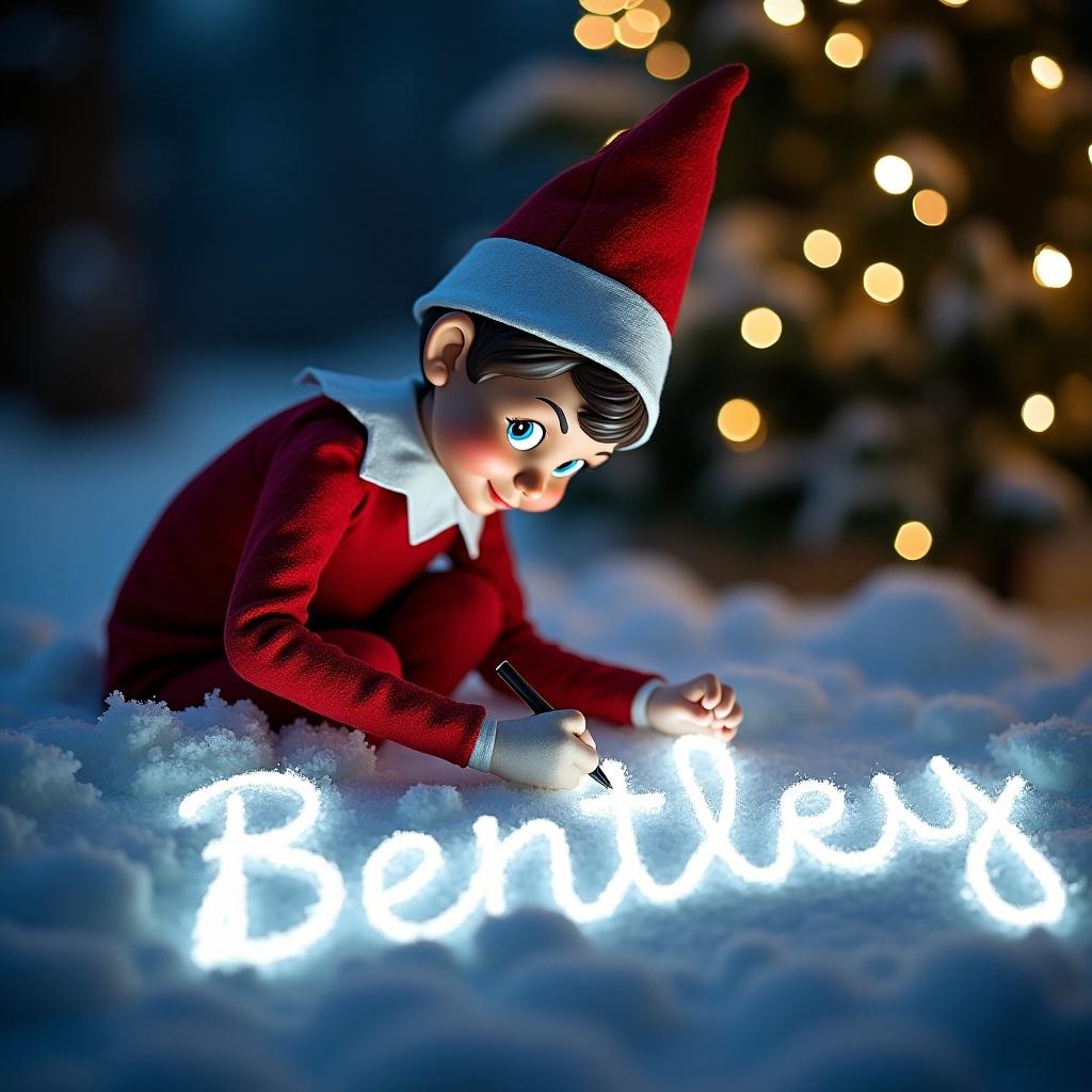 Elf writing Bentley in snow with lights. The scene conveys a festive, magical atmosphere.