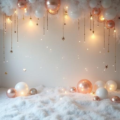 Background wall like a photography studio. Decorated with balloons. Clean floor covered in cotton resembling snow. Light tones in the decoration. Birthday style decoration. Includes balloons and golden stars. Soft artificial lighting with few shadows.