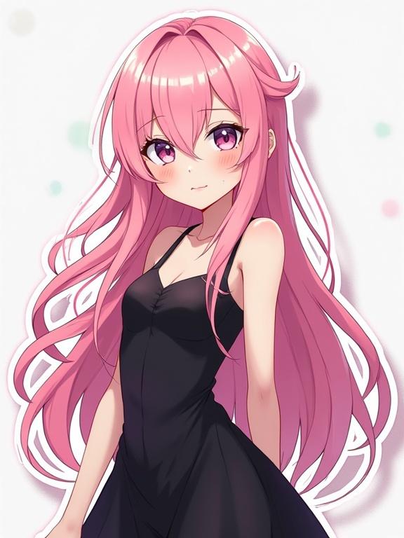 Illustration of anime character with shoulder-length pastel pink hair wearing a black dress. Image features colorful elements in a cute style.