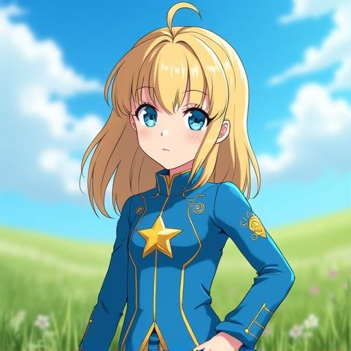 Anime image shows young blond girl wearing blue futuristic outfit with golden star emblem in a meadow. Background depicts a lush green field under a bright sky.