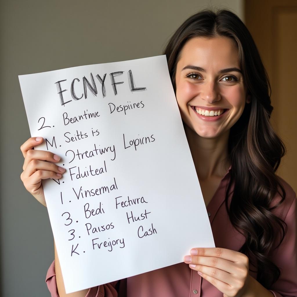 A smiling person holds a piece of paper with handwritten details. The paper shows ECNYFL. The right arm and hand are fully visible.