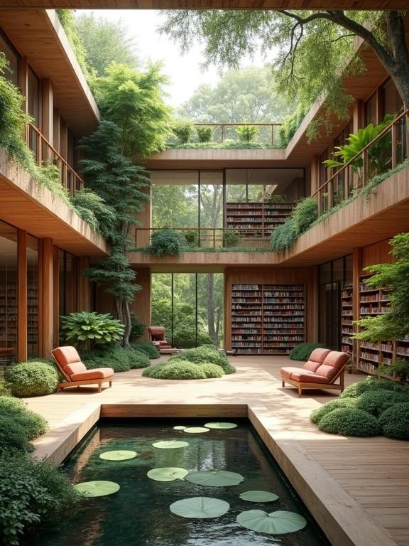 Concrete library concept featuring reading in a garden with ponds and an indoor aquarium. Warm wooden floors with abundant natural light. Outdoor seating and lots of greenery.