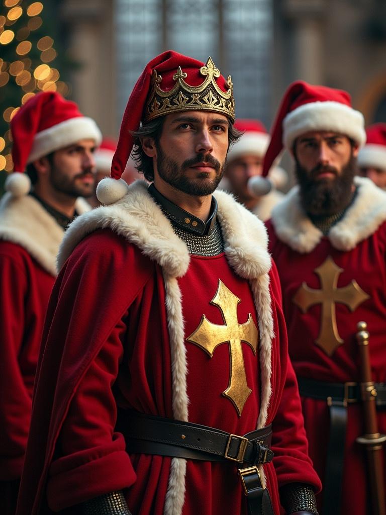 King Arthur stands proudly among his knights dressed in Christmas attire. The knights wear red and gold cloaks with Santa hats. The scene depicts a festive holiday atmosphere. Backdrop includes holiday decorations. Knights share a moment of celebration.