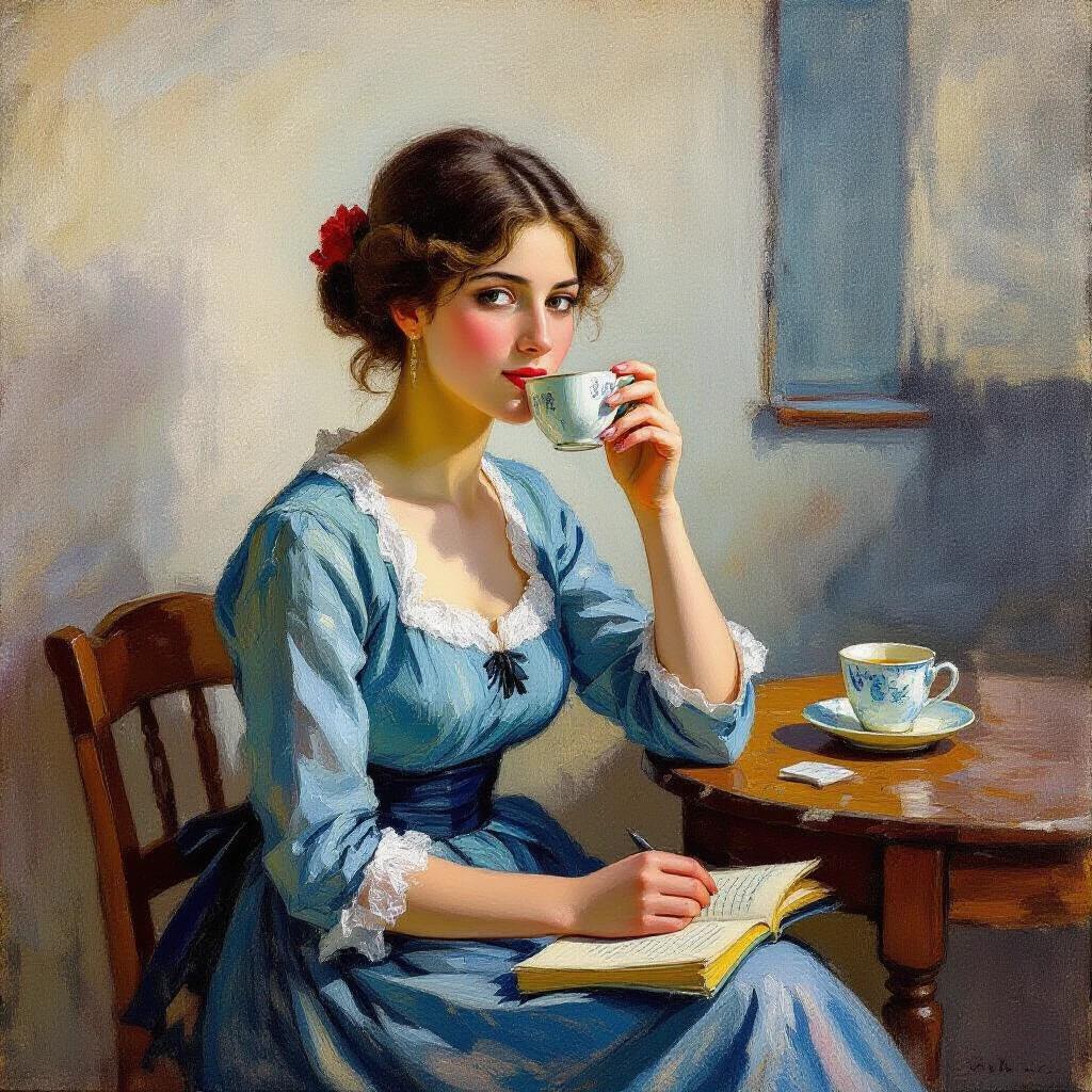 Oil painting of a woman in a blue dress sitting at a table drinking tea while reading a book. The table has a teacup and teapot. The wall has a simple light background.