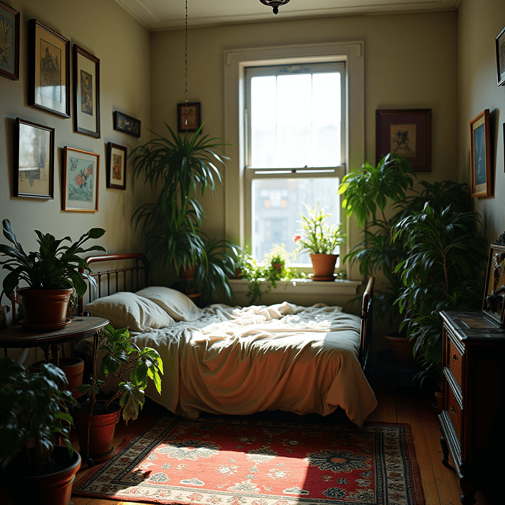 A cozy bedroom filled with lush green plants, illuminated by soft sunlight streaming in through a large window above a neatly made bed.