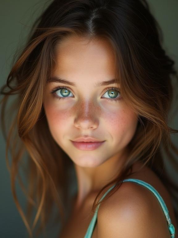 A captivating portrait of a beautiful girl with loose cascading hair and enchanting expression. Soft lighting highlights her turquoise green eyes. The portrait showcases elegance.