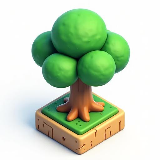 Aerial view of a stylized tree in the art style of Super Mario Wonder. Background is transparent. Soft lighting and gentle shadows.