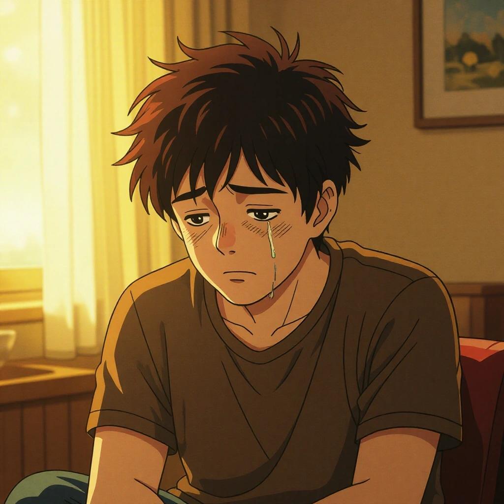 A physically and emotionally exhausted person sits alone with a sad expression. The person has tousled hair and dark circles under their eyes. The setting has soft golden lighting, giving a warm tone to the scene. The background is minimal, suggesting a quiet room. The art is drawn in the style of Studio Ghibli, featuring rich colors and gentle shading. It captures vulnerability and warmth.