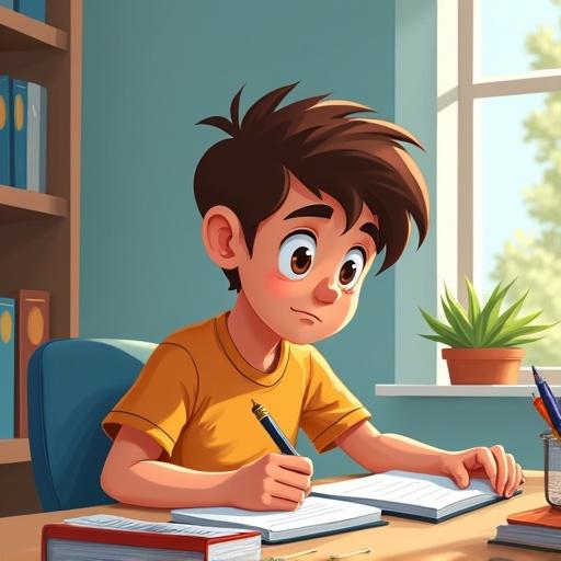 Cartoon style image depicting an 18-year-old boy studying hard for a practice exam. The boy sits at a desk, surrounded by books and notes. He holds a pencil and looks focused. A window in the background lets in natural light and green plants are visible.