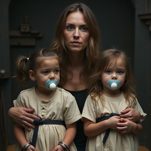 Mother stands with two children. Children have pacifiers. Children wear handcuffs. The atmosphere suggests fear and tension. Dim lighting enhances the mood.