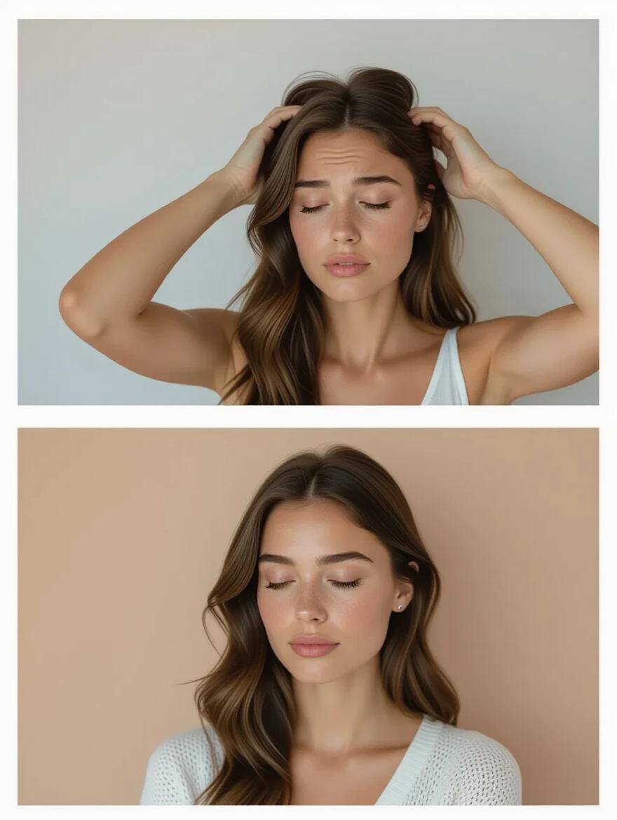 Before and after comparison showing the same person appearing stressed in the first image and confident and peaceful in the second. Uses natural lighting and showcases a warm color palette in a photorealistic style.