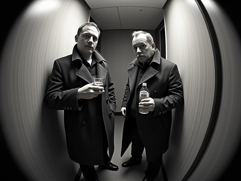 h1. Artistic photograph of two men in dark coats holding bottles, standing in a narrow hallway, captured with a fish-eye lens for a unique perspective.