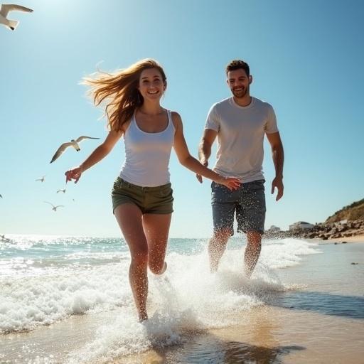 A young couple enjoys a sunny day at the beach. The woman runs happily through the water. She has flowing hair and wears a casual outfit. The man jogs alongside her. Seagulls are in the sky. Bright sun creates a warm atmosphere.