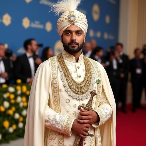 A regal man stands poised on a lavish event carpet styled in opulent traditional royal attire. He wears an embroidered ivory sherwani with a high collar, a gold-embroidered belt, and an intricately detailed ivory cape adorned with floral embroidery and crescent moon motifs. His cream-colored turban has gold detailing and a plume. He has a neatly groomed beard, a composed expression, and is adorned with elaborate necklaces. He holds a ceremonial sword with a golden hilt. The background features a blue floral wall with yellow and white flowers, with photographers capturing the moment. The setting conveys luxury and cultural heritage with a modern edge.